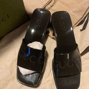 Rubber Logo Platform Slide Black Sandal Size 36